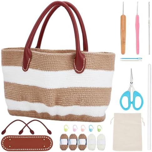 ORIGACH DIY Crochet Handbag Kit for Beginners, Khaki Striped Crochet Bag with PU Leather Band and Base, Complete Crochet Set to Make a Bag, Include Yarn, Crochet Hooks, Markers and Instruction