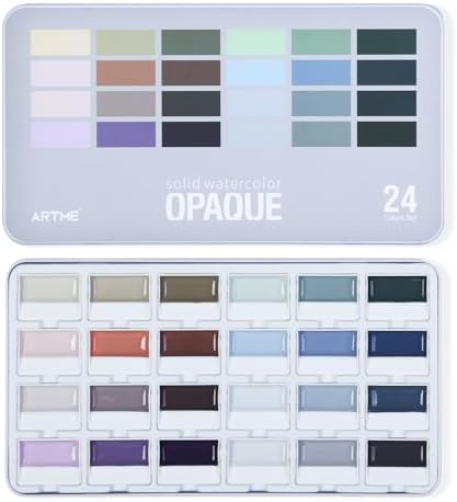 ARTME Watercolor Paint Set, 24 Colors Professional Semi-Moist Watercolor Paint, Gray Colors Opaque Watercolors Painting Supplies for Artists & Beginners, Suitable for Illustration, Landscape & Sketching