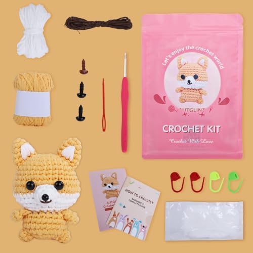 Autglint Fox Crochet Kit for Beginners, Amigurumi Animal DIY Knitting Kit with Step-by-Step Video Guides, Learn to Crochet Kit for Adults & Kids with Pre-Started Yarn - Orange Fox