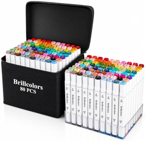 Brillcolors 80 Colors Alcohol Markers with Base Dual Tip Drawing Markers for Adult and Kids Comics Coloring Sketching Illustration (80 White) -Refillable