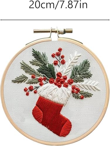 RUIQLXHANG Christmas Embroidery Kit, Christmas Gnomes Embroidery Kits for Beginners with Pattern, Cotton Threads, Needles, Instruction, 20cm Hoop, Gift for Mom, Grandma (Scepter Candy)