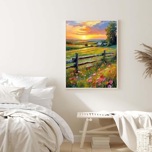 Alptiny Sunset Farm Paint by Numbers Kit for Adults Beginner, Countryside Landscape with Flowers Paint by Number Kits, DIY Oil Painting Kit for Relaxation & Home Decor, 16x20 Inch