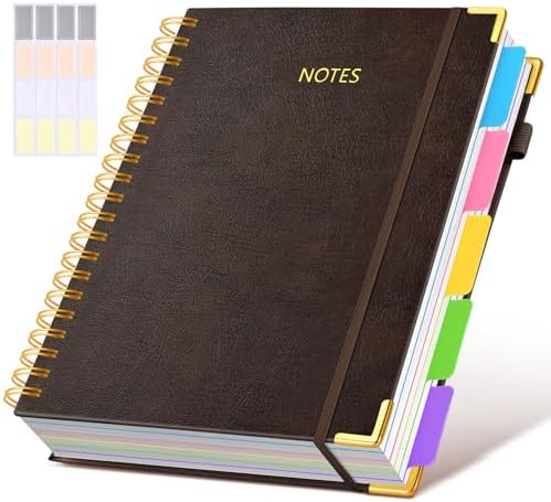 Hardcover Spiral Notebook 8.5"x11" Journal with Removable Dividers Tabs, 300 Pages Leather 5 Subject Notebook College Ruled, Large A4 Notebooks for Work School, Lined Journal for Women, A4 Brown