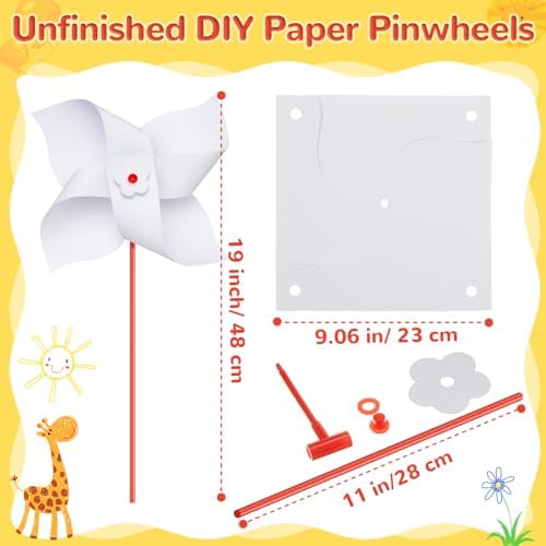 Simgoing 12 Pcs DIY Pinwheels for Kids Party Favor Paper Summer Craft Kits Bulk White Pinwheels for School Art Group Activities Scare Birds Garden Party Supplies 250th Anniversary July 4 (9.06 Inch)
