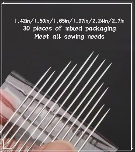 30 Pack Non Threading Sewing Needle Side Opening Sewing Needle with Wooden Needle Case+Square Storage Box+Black/White Threads Used for Sewing Clothes, Embroidery, etc(6 Mixed Sizes)