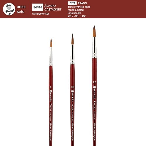 Escoda | Watercolour | Artist Set Alvaro Castagnet 1 | Size 8,10,12 | 3 Brushes Long Handle | Synthetic tame | Round Pointed