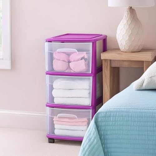 HOMZ Drawer Tower, 3-Tier Storage Cart with Removable Wheels, Purple Frame