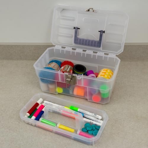 Akro-Mils 14-Inch Plastic Toolbox with Removable Tray, Steel Latch &Padlock Eye, Industrial-Grade Storage Box for Hobby Supplies, Crafts,and Tools,14" x 8" x 8", Made in USA,Clear (09514) (Pack of 3)