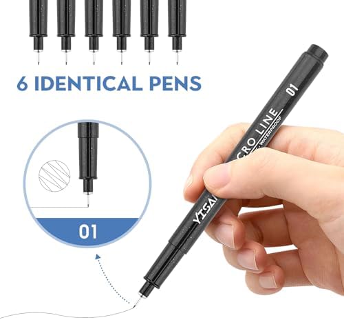 YISAN Ultra Fine Tip Pens Black 01,Extra Fine Point Writing Ink Pens,0.25mm No Bleed Thin Art Markers for Drawing,Bible,Manga,6 PCS,70320