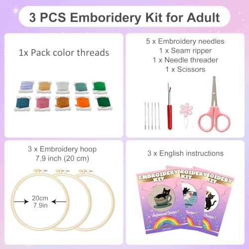 Huacan Embroidery Kit for Adults Beginners with 3 Hoops & Gift Box