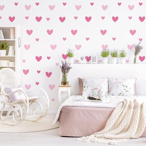 AOWDIAO 170 Pcs Heart Wall Decals - Peel and Stick Pink Decor for Girl Bedroom, Nursery, Playroom Decoration