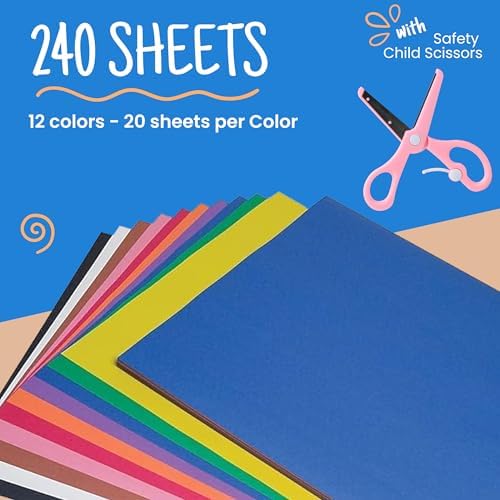 Craftzilla Arts and Crafts Kit for Kids – 11 Colored Masking Tape Rolls, 240 Sheets Construction Paper Assorterd Colors, Kid-Safe Scissors – All-in-One Kids Art Supplies Set - Arts and Craft Supplies