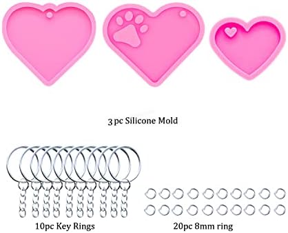 3pc Glossy Resin Silicone Paw Print Molds DIY Making Keychain, Heart t Mould Epoxy Mold with 10PC Key Ring(DY00136+DY0404+DY0405)