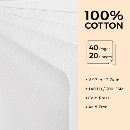 Watercolor Journal - 100% Cotton Cold Press Paper | 20 Sheets 40 Pages | 300GSM (140lb) | PU Leather Cover Watercolor Sketch Books for Artists Painting,Mixed Media 7.0 in x 3.7 in