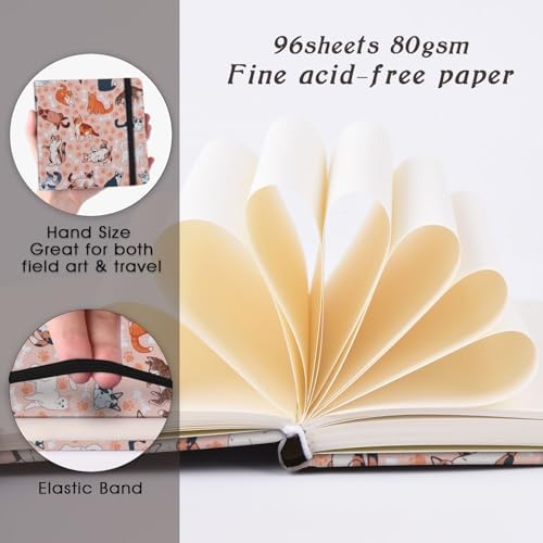 Handy Size 5 x 5 inches Sketch Book, 80GSM Acid Free Artistic Drawing Painting Writing Paper, Hardcover Cloth Cover Art Sketchbook,Journal Notebook.Pink Smiling Cat