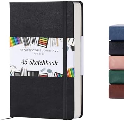 BROWNSTONE JOURNALS A5 Sketch Book Hardcover - 80 Sheets 100 GSM Paper | 5" x 8", Lay Flat, Vegan Leather Cover, Elastic Band, Back Pocket, Compact Art Drawing Book for Adults & Students
