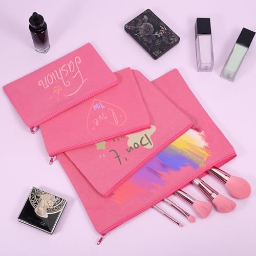 12 Pieces Cotton Canvas Makeup Bag, Multipurpose Cosmetic Bag with Zipper Travel Toiletry Pouch, Blank DIY Craft Bag (Hot Pink, S)
