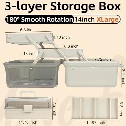 TERGOO 14in 3-Layer Multipurpose Craft Organizers and Storage with Adjustable Dividers, Portable Tackle Box, Folding Art & Craft Case for Medicine, Tool, Sewing Organizer (Brown, X-Large)