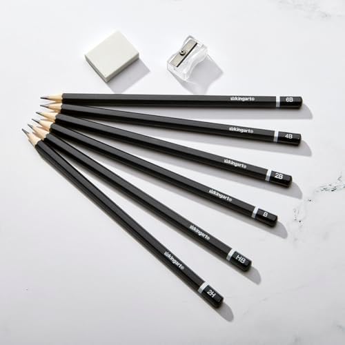 KINGART 9-Piece Essential Sketching & Drawing Pencil Set with Metal Storage Tin – Includes 6 Graphite Pencils (2H to 6B), Sharpener, and Eraser