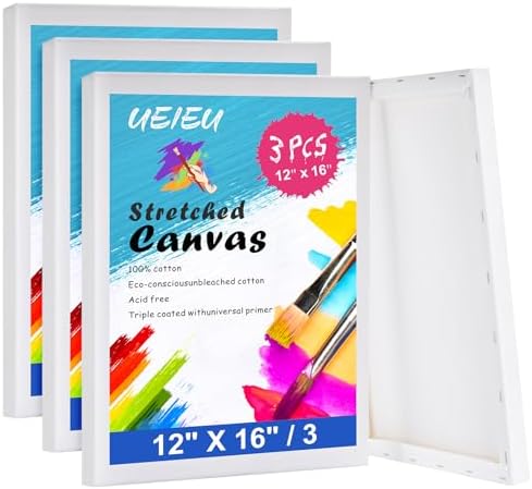 Stretched Canvas for Painting 12 x 16 Inch, 3 Pack Blank Canvas, Triple Primed Acid-Free Cotton, Canvas for Acrylic Oil Pouring & Wet Media