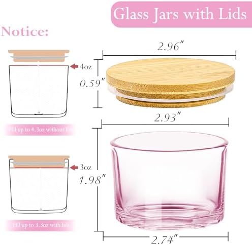 CONNOO 15 Pack 4oz Pink Glass Candle Jars with Airtight Bamboo Lids