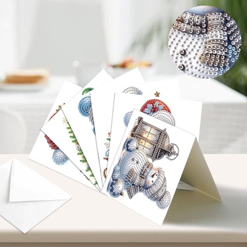 antor 6 Pack Diamond Art Christmas Cards with Envelopes, Special Shaped Rhinestone DIY Diamond Painting Greeting Card Kit, Snowman Design for Adults Holiday Craft Gift