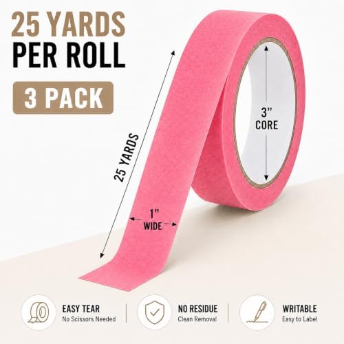 Pink Painters Tape 1 Inch Wide, 25 Yards x 3 Rolls Pink Masking Tape