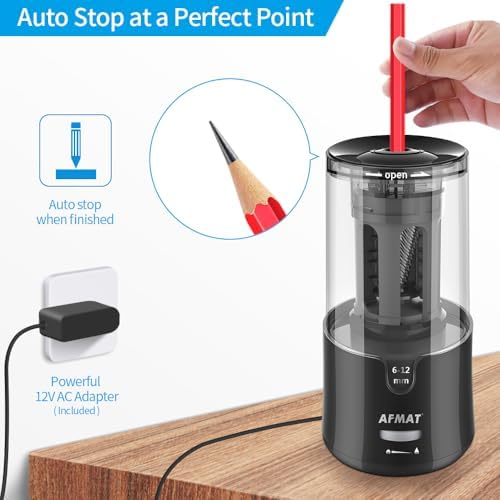 AFMAT Electric Long Point Pencil Sharpener for Artist, Fast Sharpen & Auto Stop, 8-17mm Super Long Point, Professional Artist Pencil Sharpener Plug in for φ6-12mm Charcoal/Drawing/Colored Pencils
