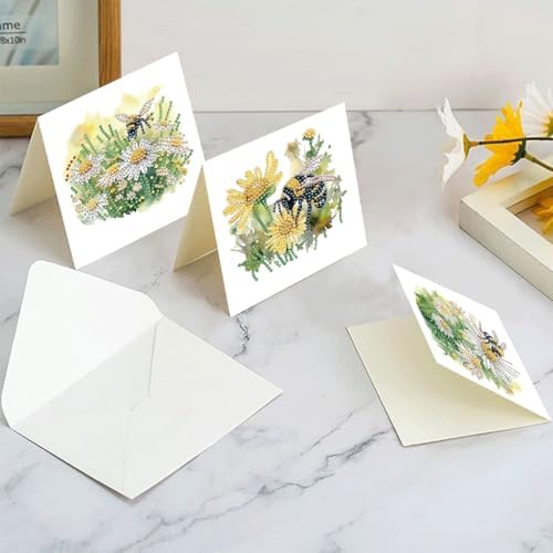 LSQFS 6PCS Daisy&Bee Floral Diamond Painting Greeting Cards with Envelopes