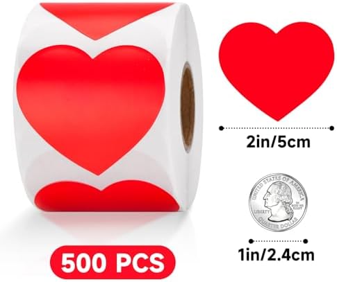 Anwyll Heart Stickers - 500Pcs 2Inch Valentines Day Heart Stickers Red Heart Shape Sticker for Reward Classroom Self Adhesive Love Incentive Sticker for Envelope Seal Card Birthday Wedding Favors