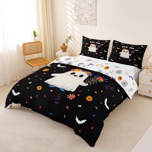 Erosebridal Spooky Ghost Duvet Cover Queen Size Cute Flower Bedding Set for Adults Teens Women Cartoon Bats Comforter Cover Kawaii Halloween Artwork Bedclothes Room Decor