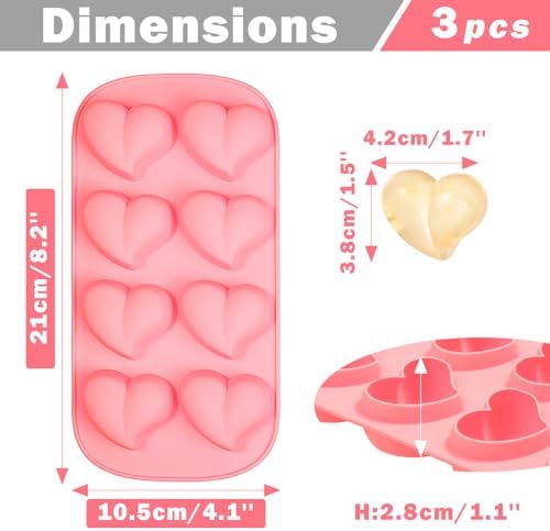 Webake Heart Shpaed Ice Cube Trays, 8-Cavity Heart Silicone Molds for Whiskey, Cocktail, Chocolate, Ice Cubes, Candy with Fun Shapes (Pack of 3)