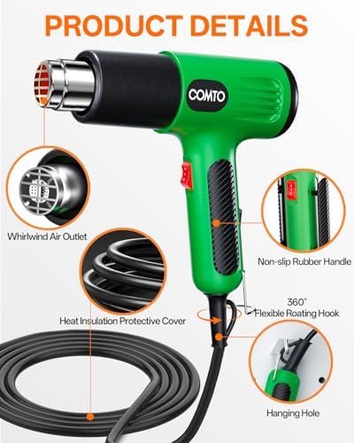 Heat Gun, 1600W Hot Air Gun with 2 Heat Settings, Green | 752°F/1112°F Dual Heat Control, 4 Metal Nozzles, Overheat Protection, PA66 Housing, 1.1lb Lightweight Design, Non-Slip Grip