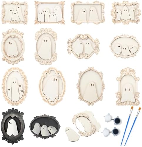 Simgoing 12 Set Adult Halloween Craft, Wood Ghost DIY Frame, Cute Style