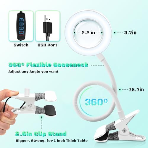 10X Magnifying Glass with Light and Stand,Hands Free Clip on Magnifier Lamp