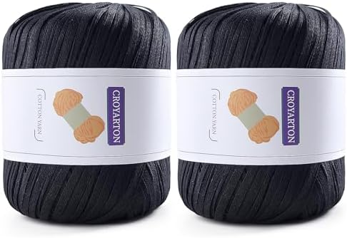 Raffia Ribbon Yarn for Crochet, Black Cotton Yarn for Crocheting Beach Hat