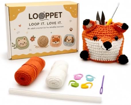 LOOPPET Crochet Kit for Beginners Adults - Cute Fox Pen Holder Desk Organizer, Beginner Friendly DIY Crochet Kit with Custom Easy Yarn, Video Tutorials & Step-by-Step Manual, Gift for Craft Lovers