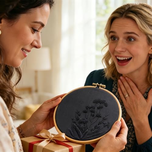 Armindou Black Flowers Embroidery Kits for Beginners Adults, Floral Hand Embroidery Set Needlepoint DIY Kit, Stamped Cross Stitch Kits for Beginners Adult, 2 Embroidery Hoops (Attached Video Tutorial)