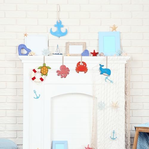 80PCS Wooden Sea Ornaments to Paint, 10 Styles DIY Blank Unfinished Wood Ocean Whale Seahorse Octopus Starfish Dolphin Turtle Shark Crab Cutouts Ornament for Crafts Hanging Decorations Summer