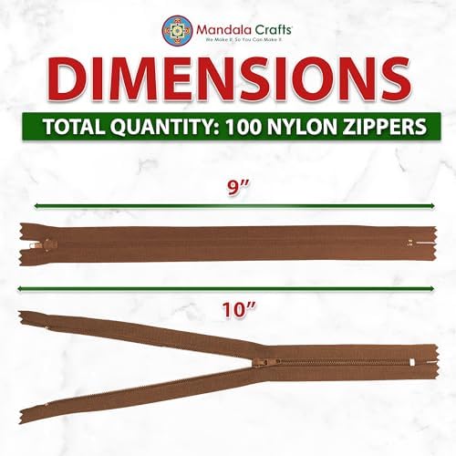 Mandala Crafts 100 PCs Brown Closed-End 9 Inches Nylon Zippers for Sewing