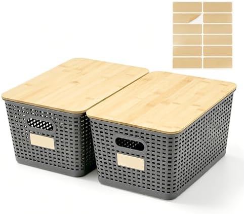 Bagnizer 2 Pack Tall Plastic Storage Bins with Bamboo Lids, 10.8qt Stackable Storages Baskets for Organizing Desktop Closet Playroom Classroom Office, 12"L x 8.3"W x 6.1"H, Gray