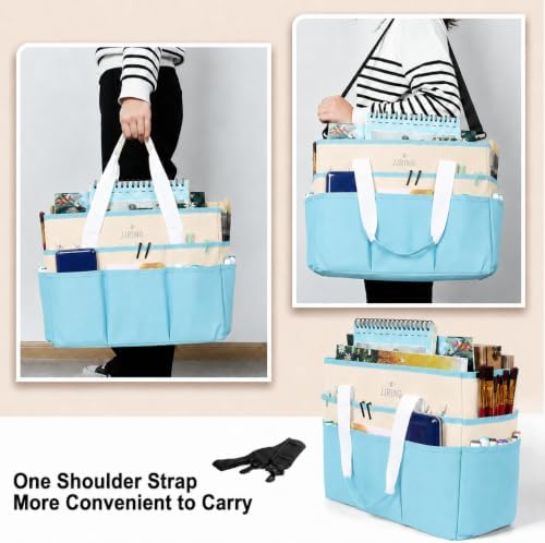 JJRING Craft Organizer Tote Bag Large Art Storage Caddy Sky Blue and Beige | With Multiple Pockets For Sewing, Scrapbooking, School, Medical, And Office Supplies