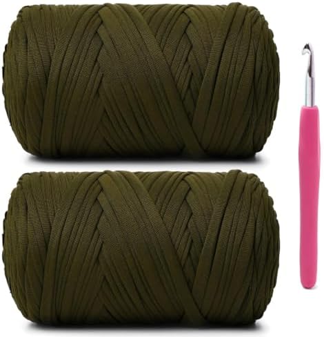 2 Pack Soft Tshirt Crochet Yarn, 800g/228yds High Elastic Hand Knitting Yarns, Thick T Shirt Yarn for Crocheting Bags, Baskets, Cushions, DIY Crafts(Olive Green + Olive Green)