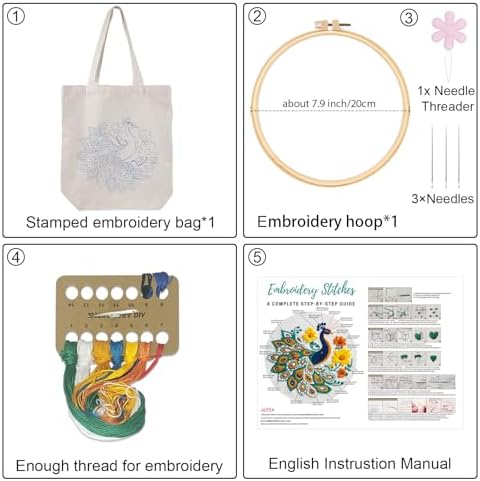 Louise Maelys Peacock Flower Embroidery Kit for Beginners Canvas Tote Bag
