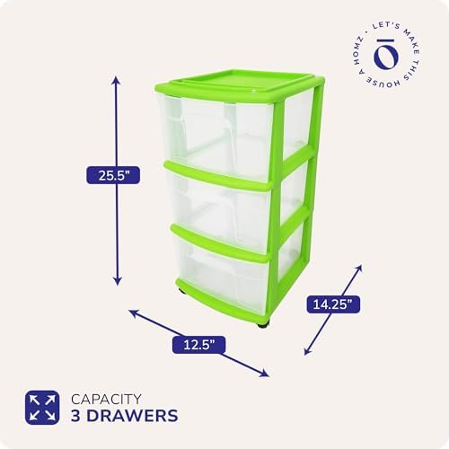 HOMZ Drawer Tower, 3-Tier Storage Cart with Removable Wheels, Bold Lime