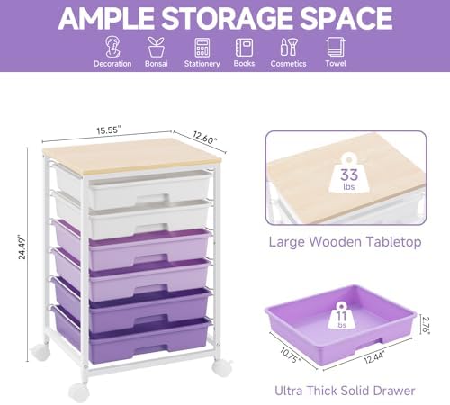 Sykiariol Rolling Cart with 6 Drawers,Purple