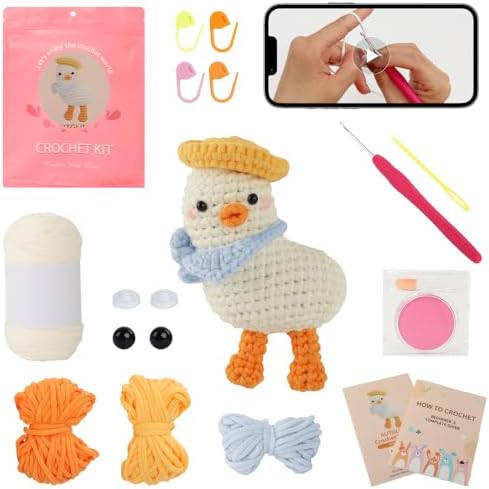 Autglint Duck Crochet Kit for Beginners Adults & Kids, Amigurumi Learn to Crochet Starter Kit with 4K Step-by-Step Video Tutorials, Includes Pre-Started Yarn, Crochet Hooks & Accessories - White Duck