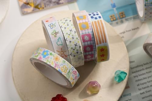 Cute Pattern Washi Tape Set 5 Rolls Glitter Cover Decorative Wide Kawaii Masking Tapes for Arts, DIY Crafts, Journals, Planners, Scrapbook, Wrapping (7 Floral Garden)