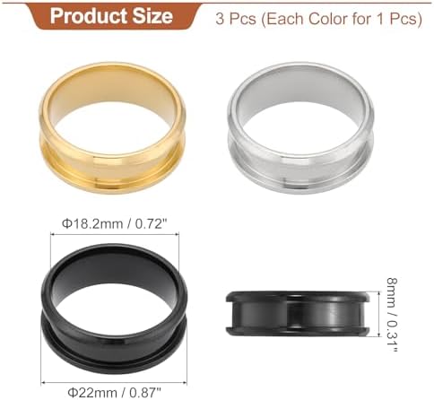 MECCANIXITY 3 Pcs Titanium Steel Ring Blank, 8mm Width Grooved Inlay Ring Blanks for Jewelry Making DIY Craft Supplies(Black/Gold/Silver, Size 8)
