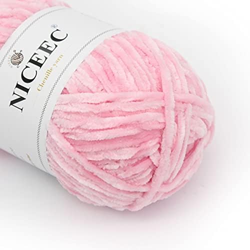 NICEEC 3 Skeins Soft Chenille Yarn 3x85m(3x93yds,3x50g)_Pink-Yellow-Blue